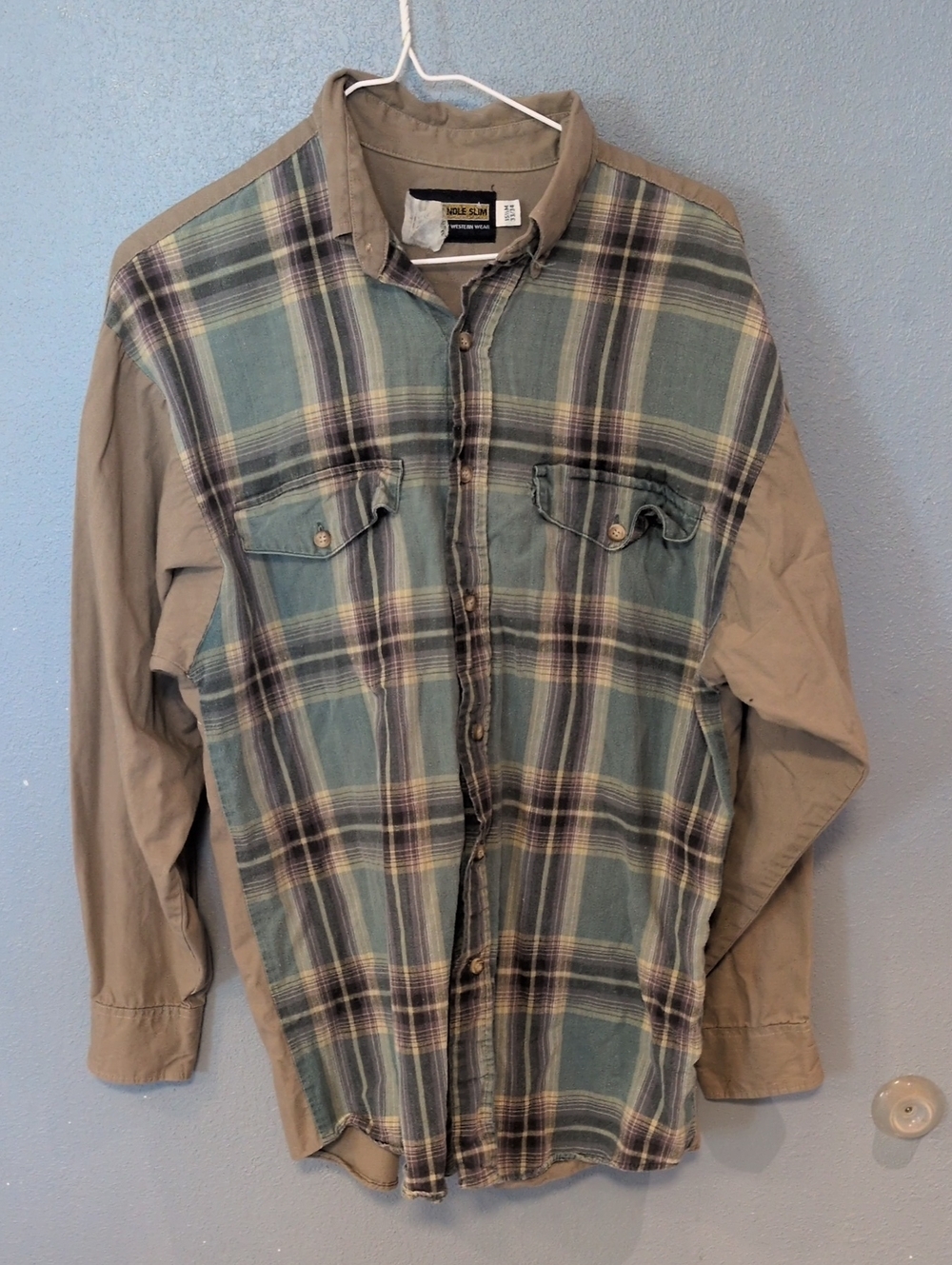 Panhandle Slim Distressed Plaid Canvas Button Down 100% Cotton Shirt Western
